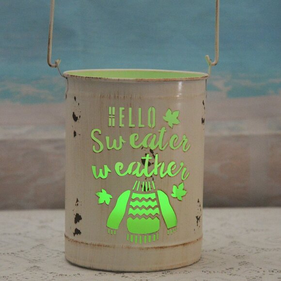 Fall Metal Distressed Lantern “HELLO Sweater Weather” with Color Changing Candle - Picture 2 of 4